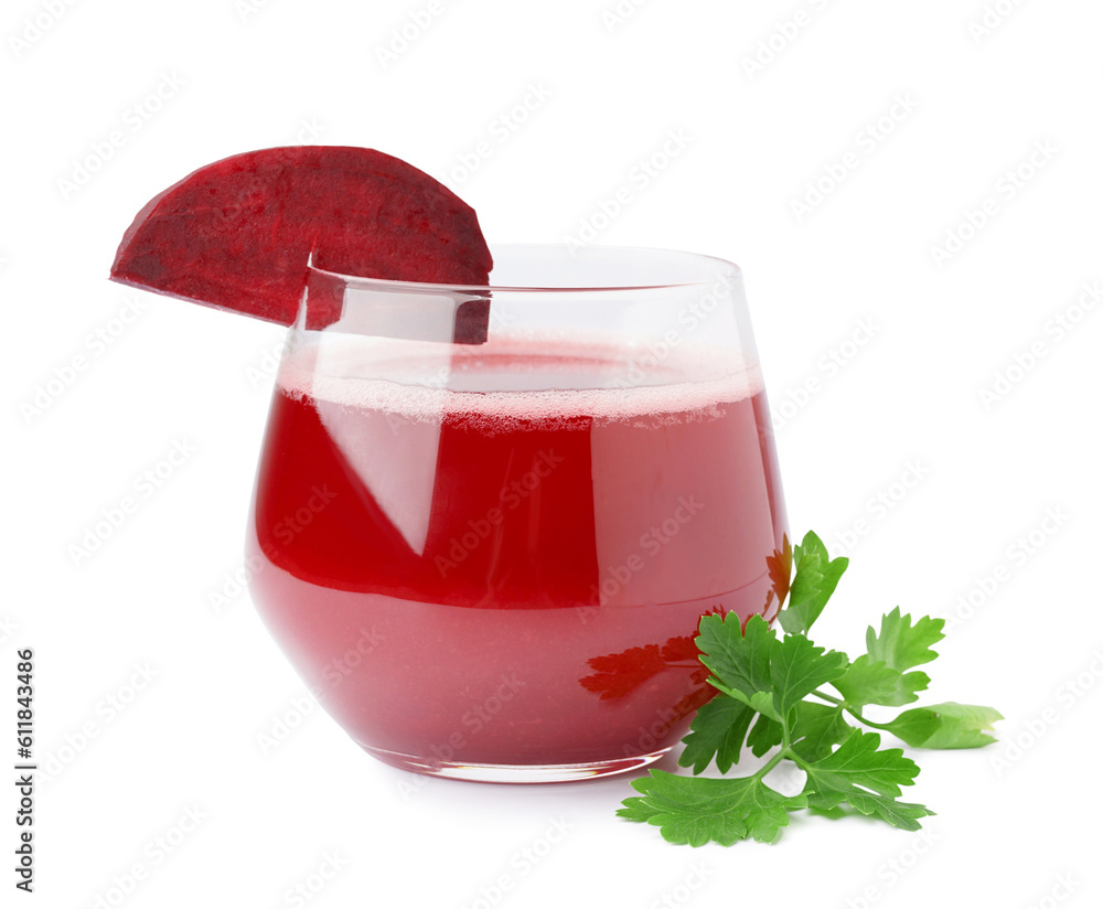 Glass of fresh beetroot juice isolated on white background