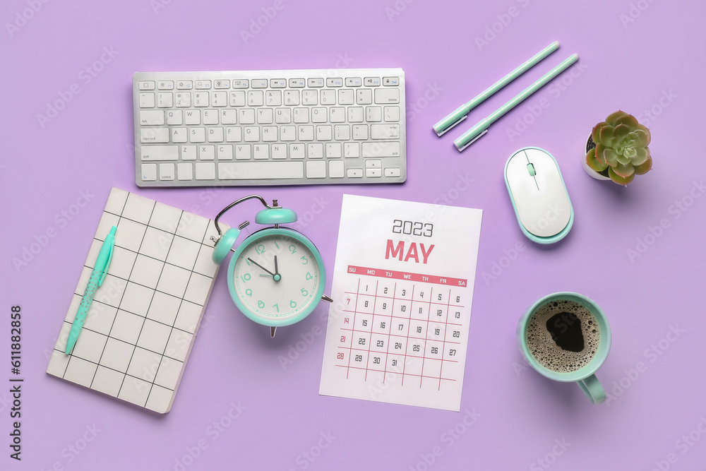 Composition with calendar, alarm clock, cup of coffee and keyboard on lilac background