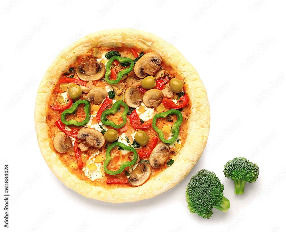 Vegetable pizza with broccoli on white background