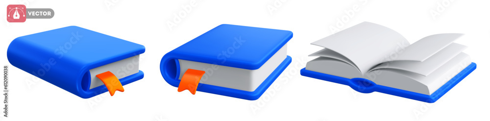 Book icon set. Paper books with a bookmark and blue covers, isolated on white background. Closed and