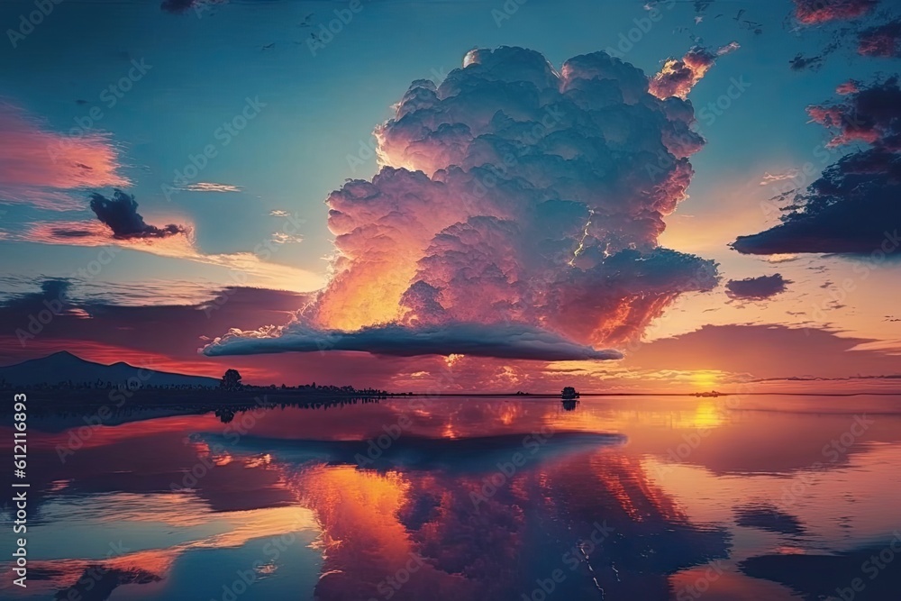 massive cloud formation hovering over a serene body of water. Generative AI