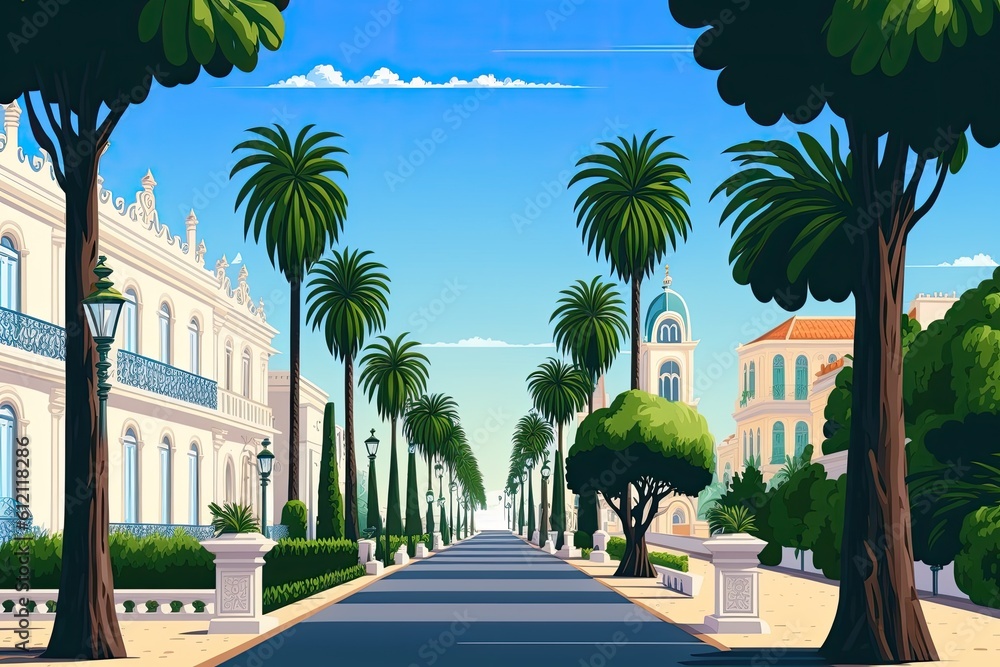 vibrant street scene with towering palm trees. Generative AI