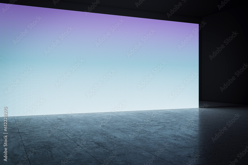 Perspective view of blank blue digital screen wall and concrete floor background. 3D Rendering