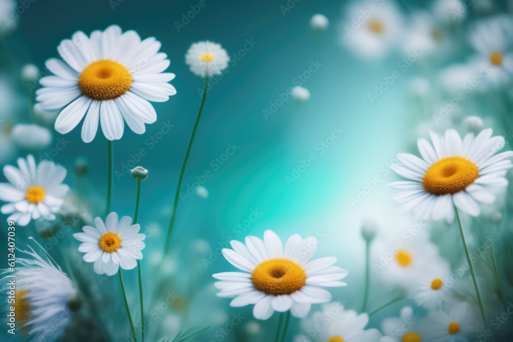 Beautiful floral natural blue turquoise background with a frame of white daisies using a soft blur f