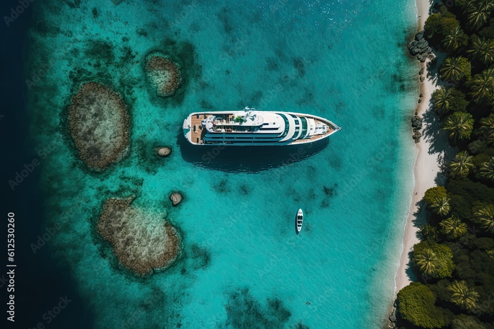 boat anchored near a sandy beach with clear blue waters. Generative AI