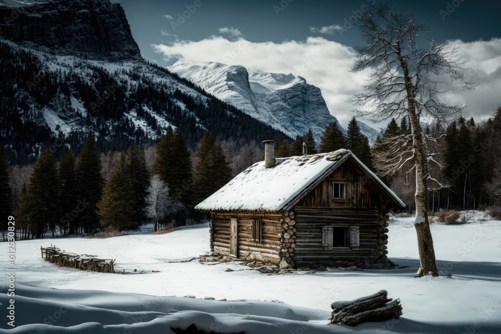 cozy log cabin nestled in a winter wonderland with majestic mountains in the background. Generative 