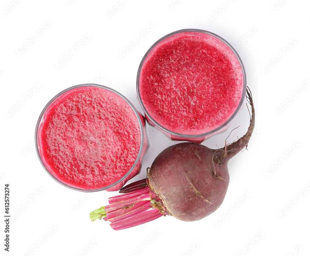 Glasses of healthy beet juice on white background