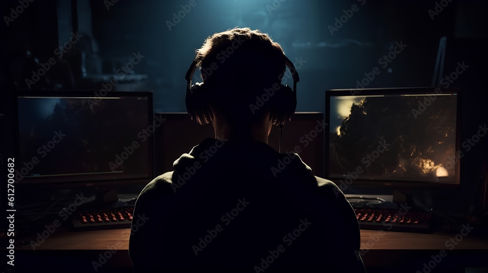 Concept of gaming addiction, featuring back view of a boy sitting in a dark room, lit by the glow of