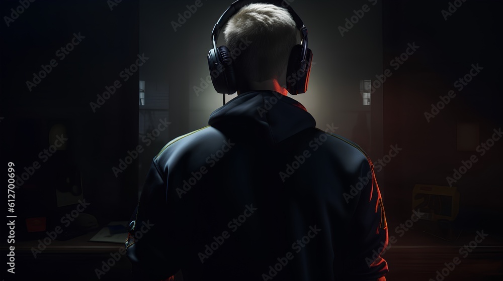 Concept of gaming addiction, featuring back view of a boy sitting in a dark room, lit by the glow of