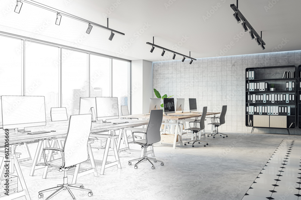 Office interior design project concept. 3D Rendering