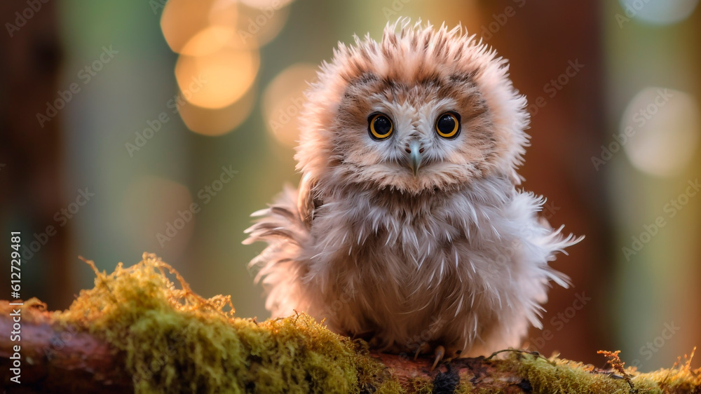 Little baby owl with big eyes sitting on a tree branch in the forest. Generative AI.