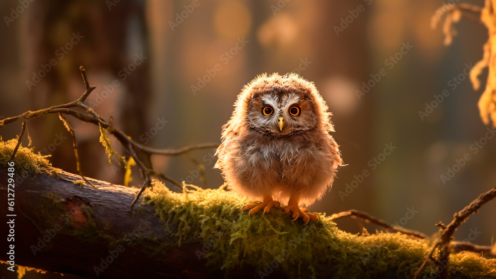 Little baby owl sitting on a tree branch in the forest at sunset. Generative AI.