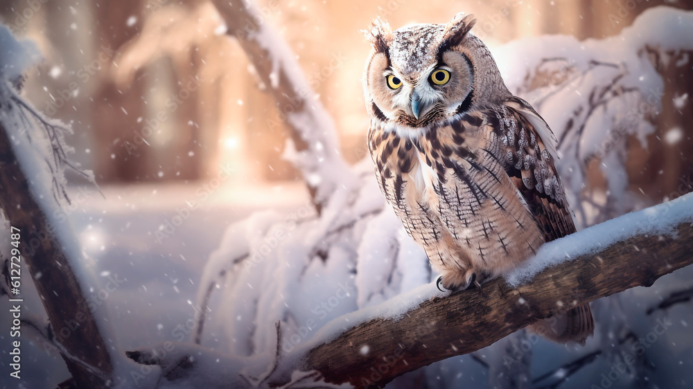 Beautiful owl sitting on a tree branch in the winter forest. Generative AI.