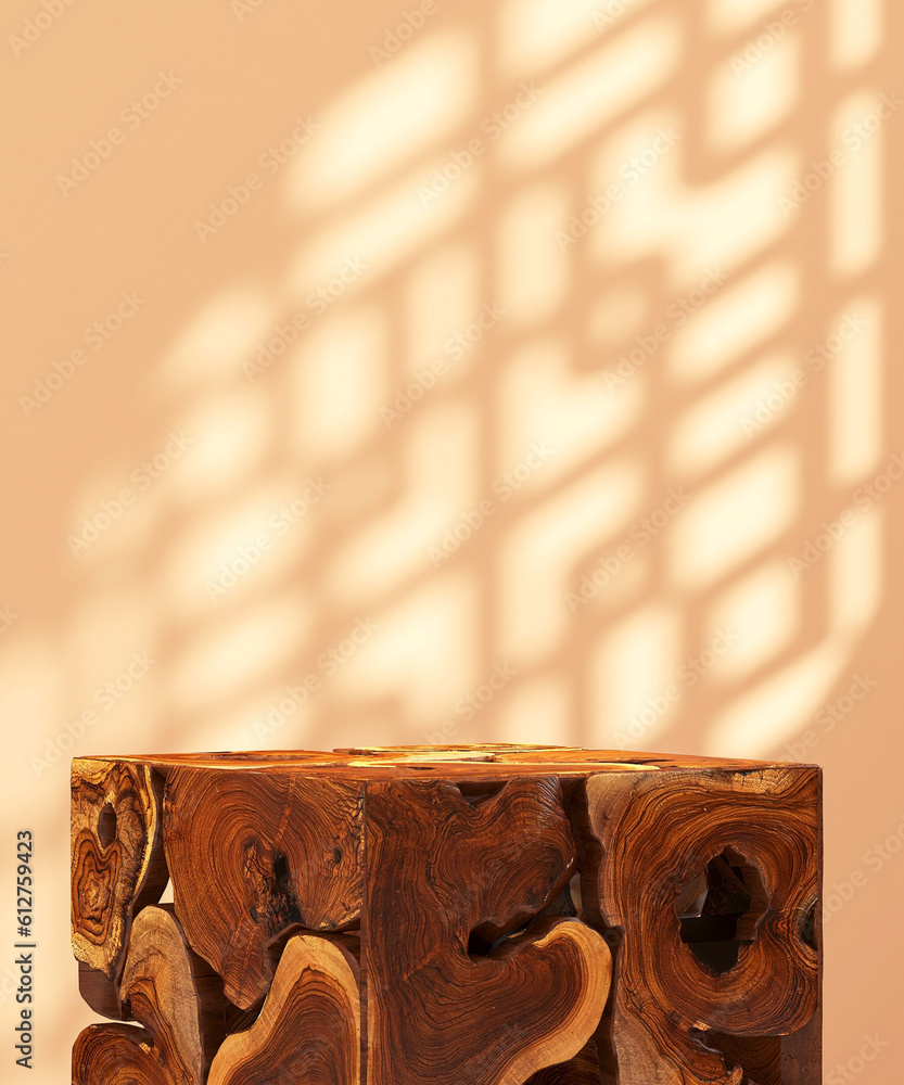 Brown natural log wood cube podium table in sunlight, Chinese round window grill shadow on blank bei