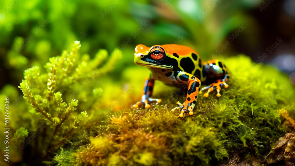 A Harlequin Frog (Atelopus varius) perched on a moss-covered rock. Generative AI.