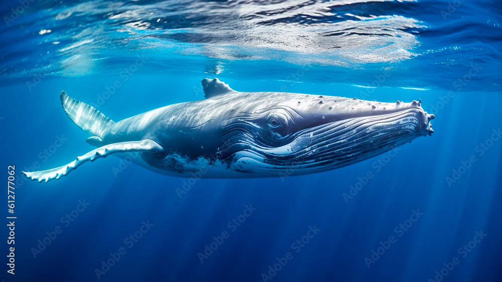 Blue whale swimming in the blue ocean. Underwater photography. Generative AI.