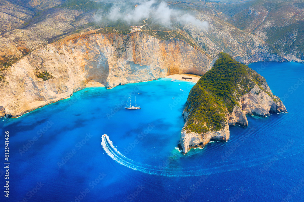 View of Navagio beach, Zakynthos Island, Greece. Aerial landscape. Azure sea water. Top view from a 