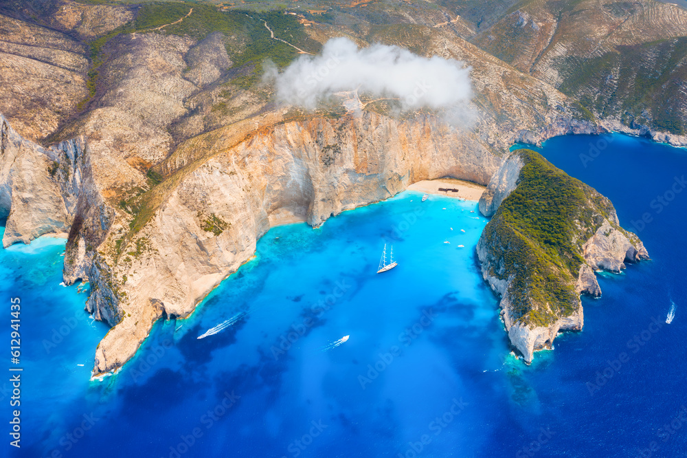 View of Navagio beach, Zakynthos Island, Greece. Aerial landscape. Azure sea water. Top view from a 