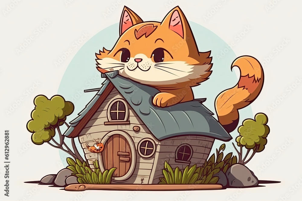 cat perched on a tiny house with a garden in the background. Generative AI
