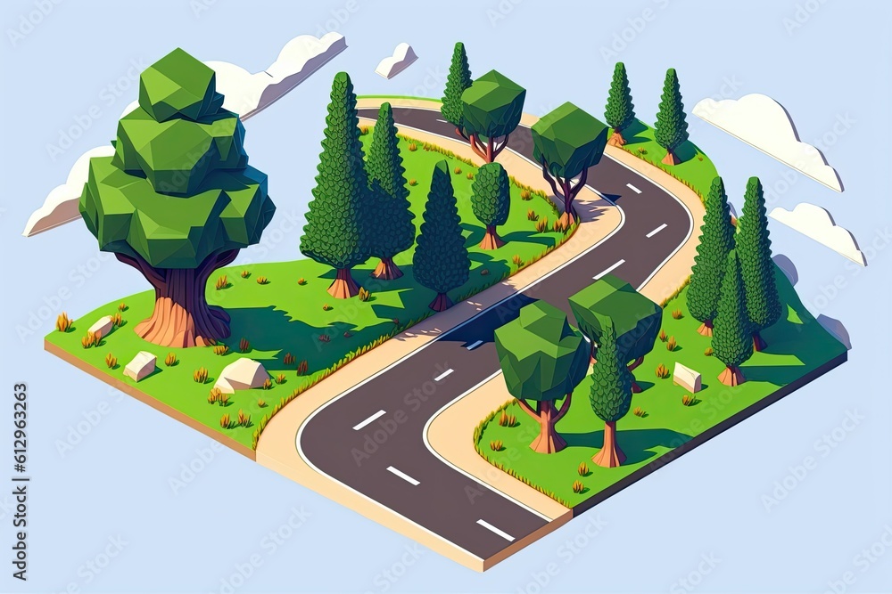 scenic road surrounded by dense forest. Generative AI