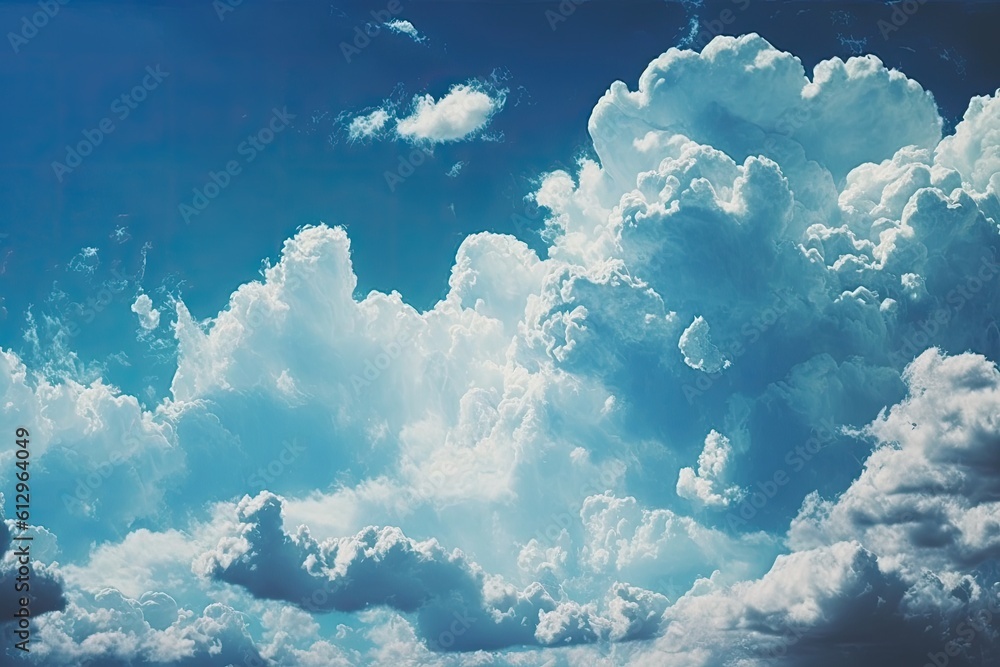 bright blue sky with fluffy white clouds. Generative AI