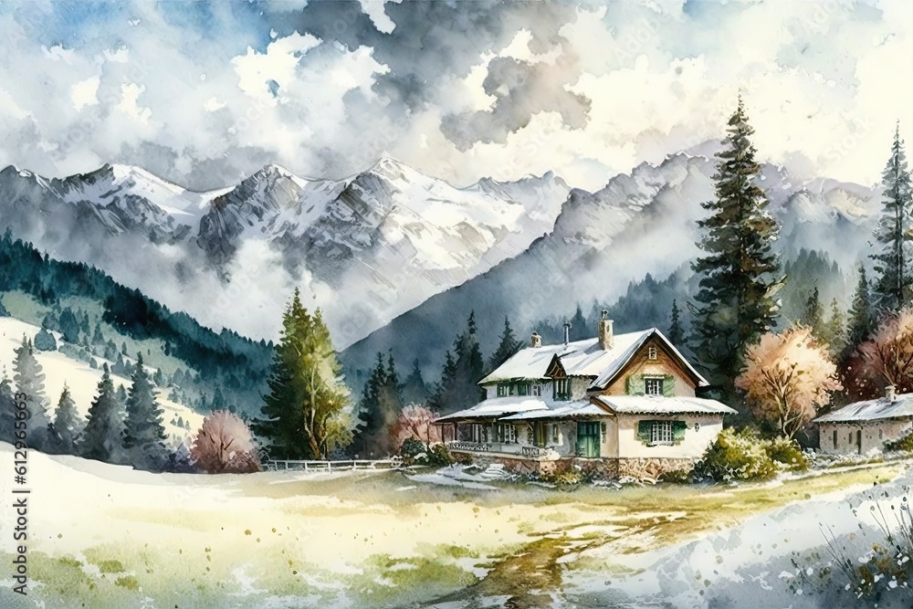 cozy mountain cabin nestled in a scenic landscape painting. Generative AI