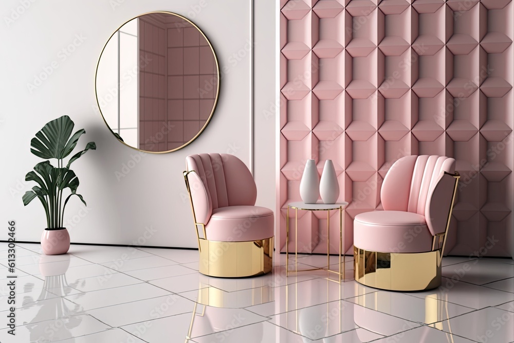cozy living room with pink chairs and a round mirror. Generative AI