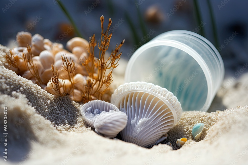 Seashells and Seaweed on Sandy Beach. Generative AI