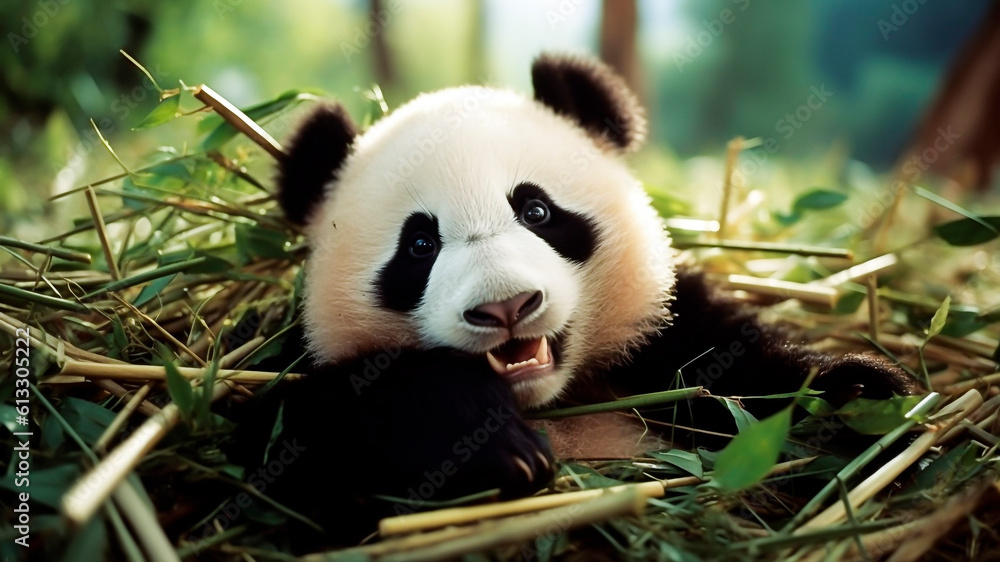 Portrait of a giant panda eating bamboo in the forest. Generative AI.