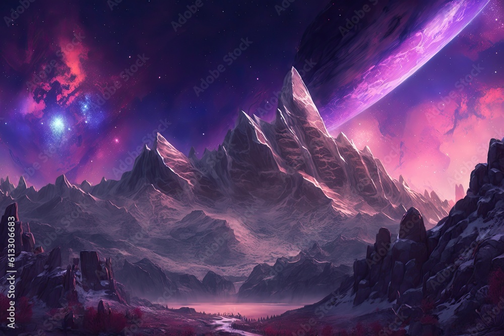 majestic mountain range with a stunning purple sky in the background. Generative AI