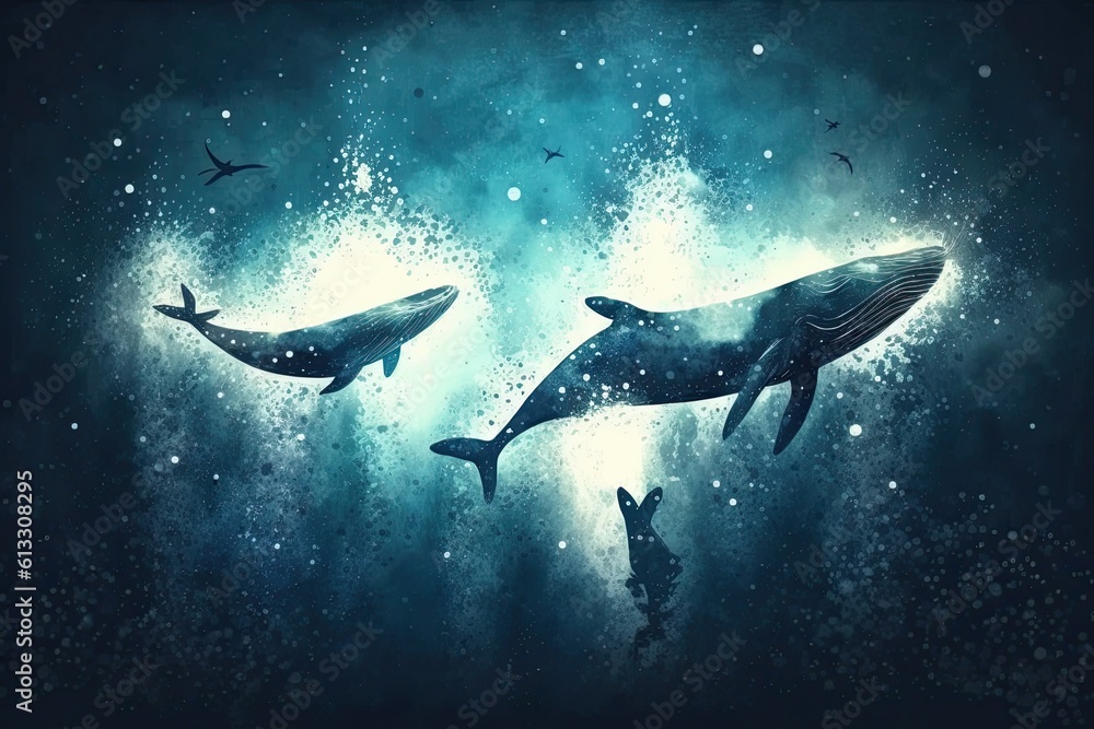 two majestic whales gracefully swimming in the vast ocean waters. Generative AI