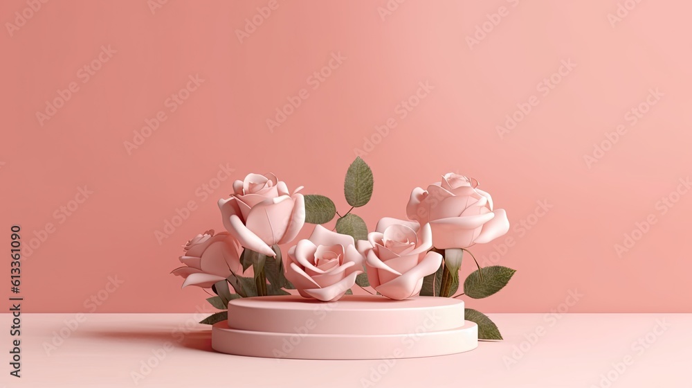 Clean pink minimal podium for product presentation with beautiful fresh roses background. gentle col