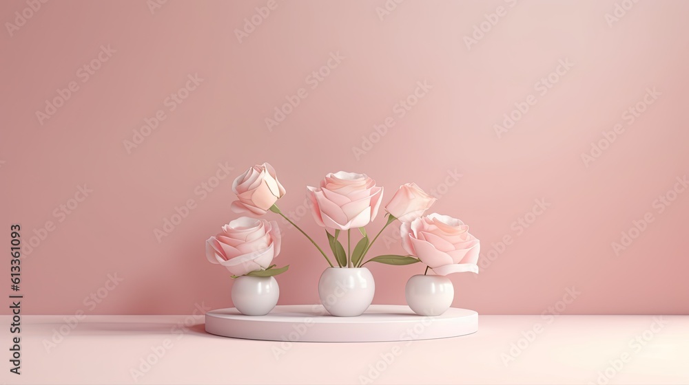 Clean pink minimal podium for product presentation with beautiful fresh roses background. gentle col