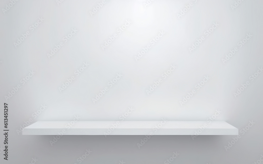 Universal minimalistic background for product presentation. White empty shelf on a light gray wall.