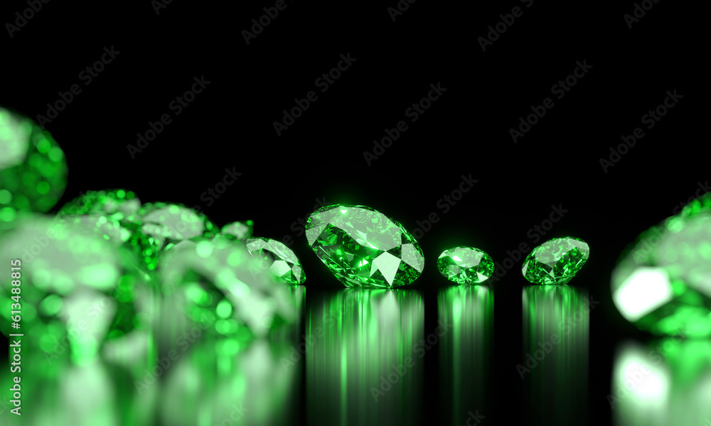 Green Emerald Diamond Group on Glossy Background Soft Focus 3d illustration
