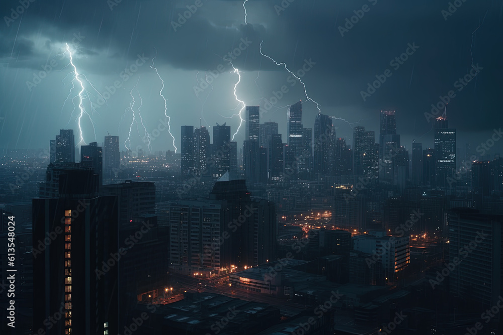 Electric thunder storm Night. Witness the dramatic scene as lightning strikes illuminate the dark st