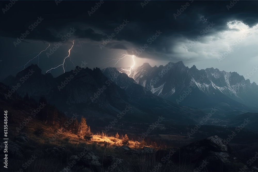 Natures Electrifying show. Awe-inspiring beauty of a thunderstorm at night in the mountains, with l