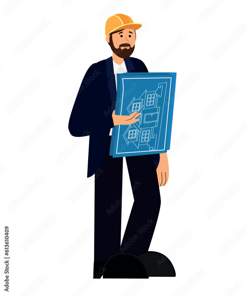Male architect with house plan on white background