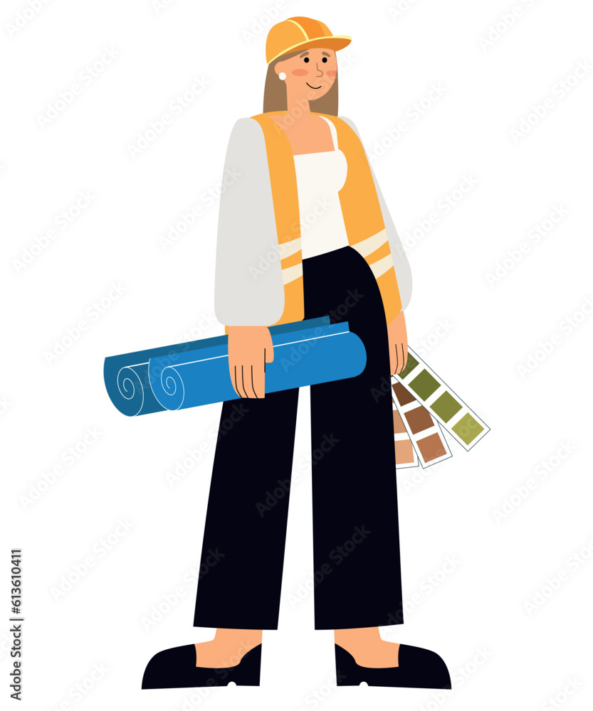 Female designer with blueprint and color samples on white background