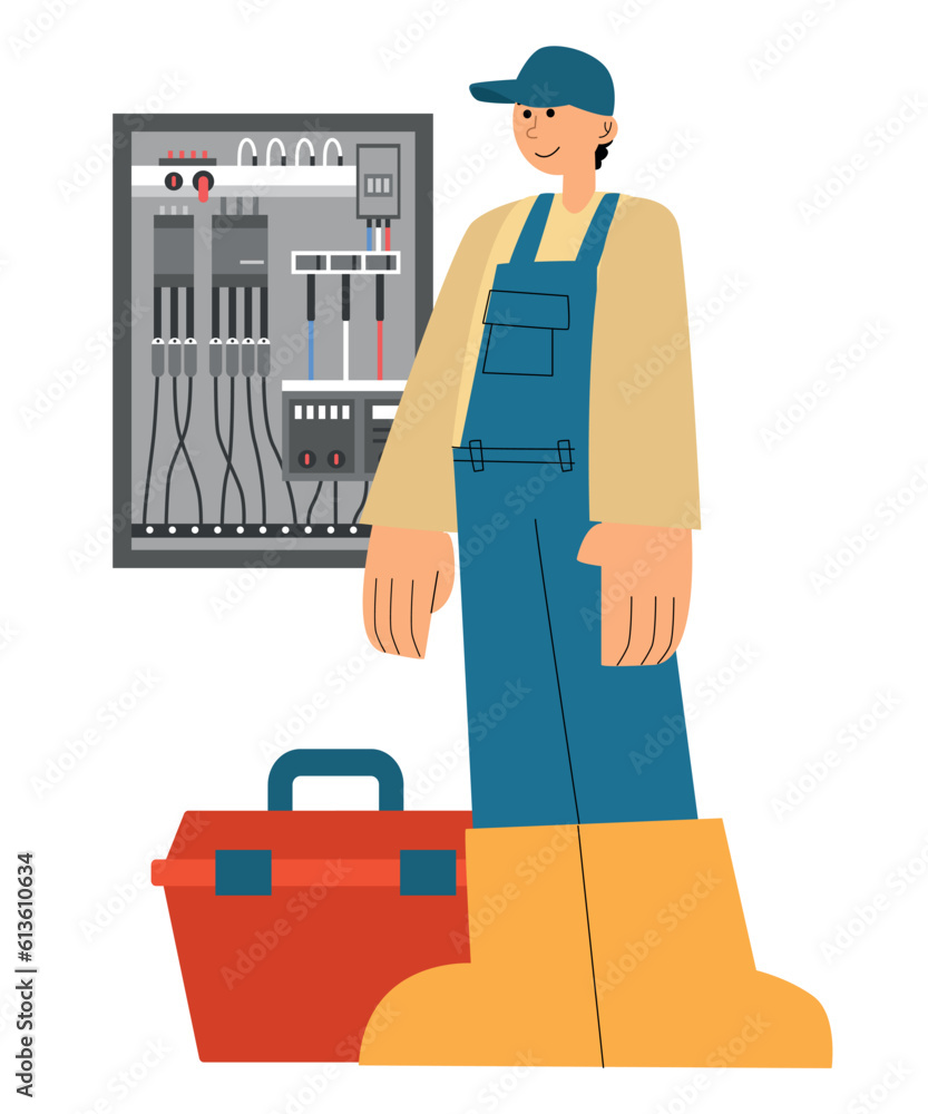 Male electrician with tool box and distribution board on white background
