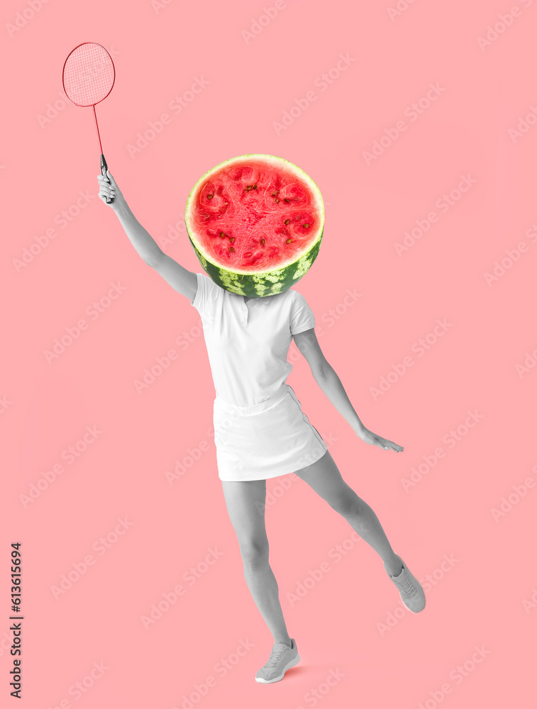 Running female badminton player with juicy watermelon instead of her head on pink background