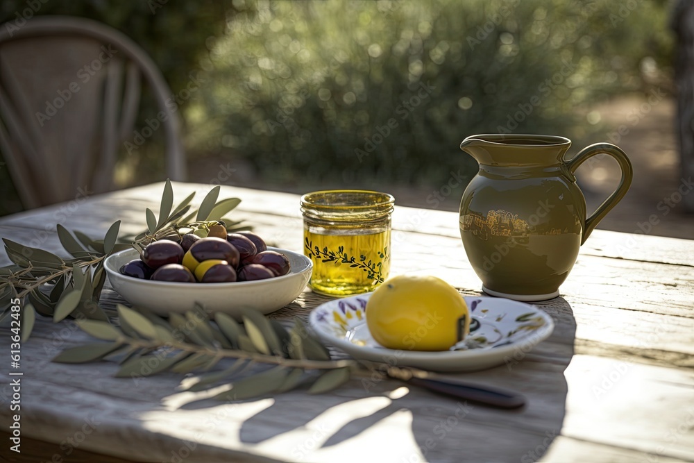Mediterranean-inspired table setting with olives, lemons, and a glass of red wine. Generative AI