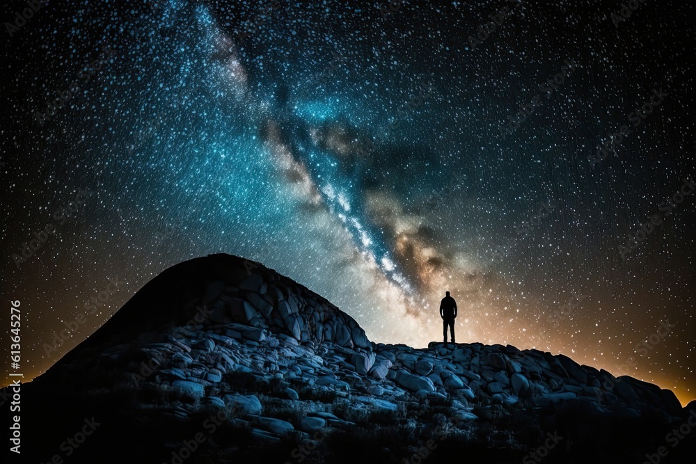man standing on a mountain under a starry night sky. Generative AI