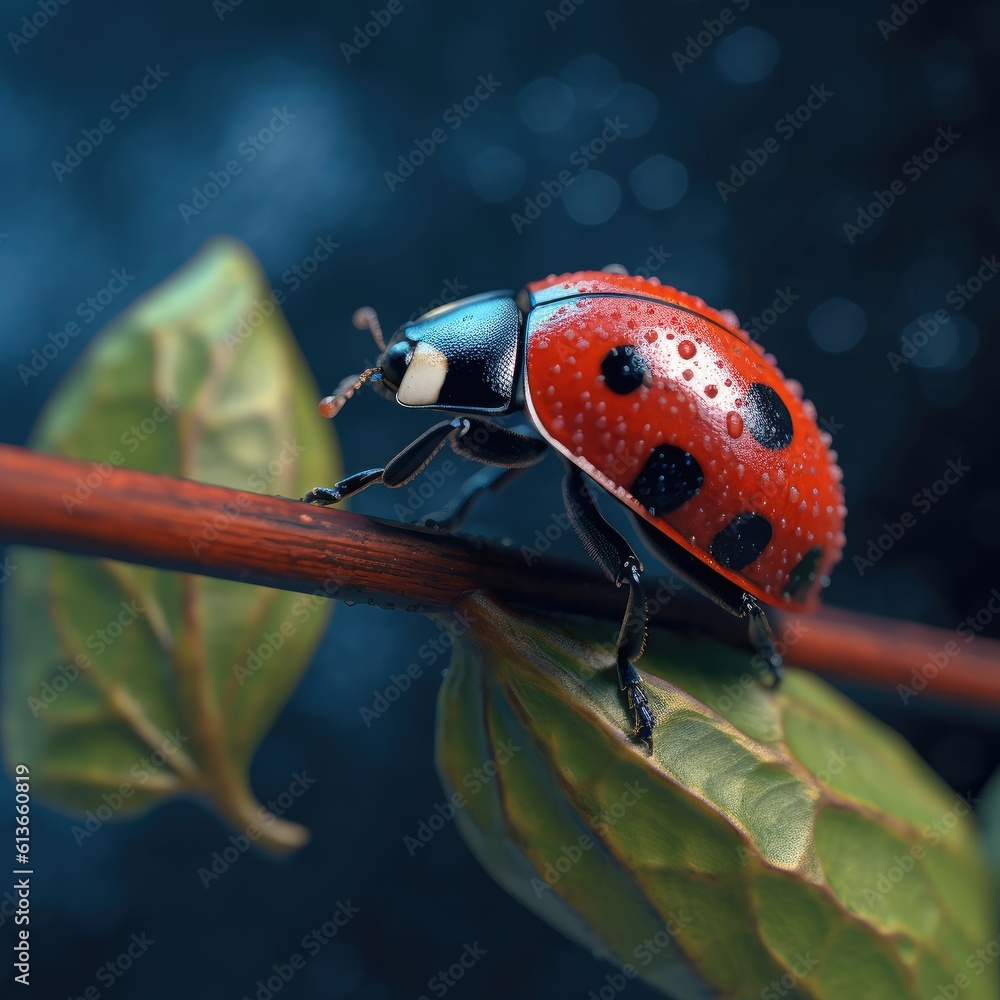 Red ladybug climbing on a stick in the grass, Nature outdoors, flora and fauna.