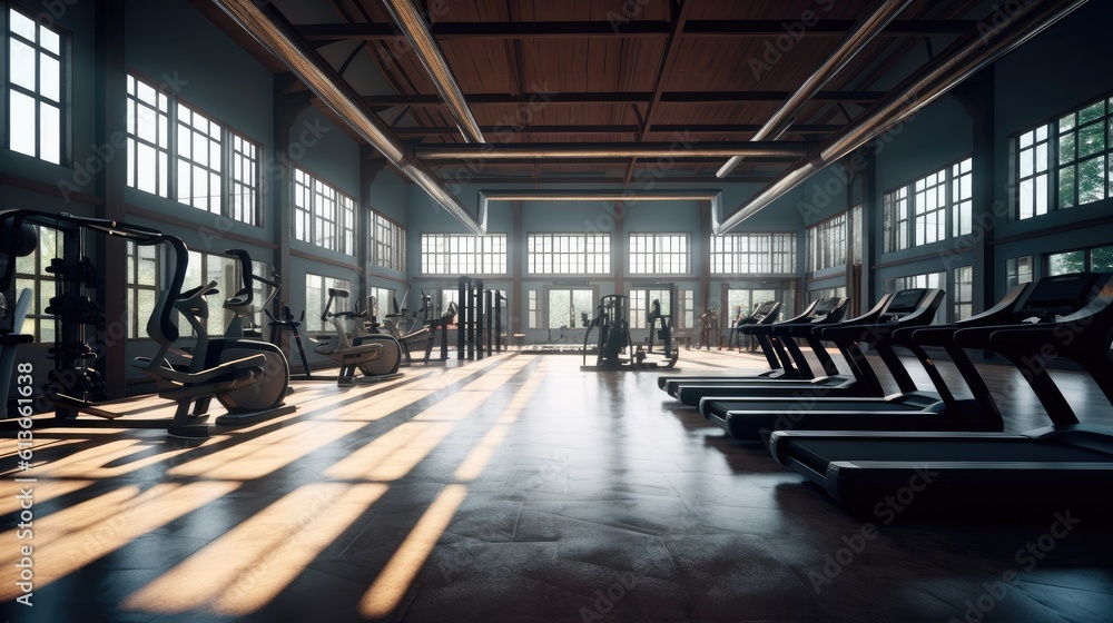 Modern gym interior with various equipment.
