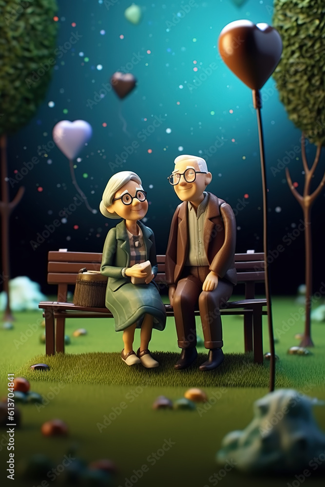 A pair of old couples produced in AI take a walk and chat in the park