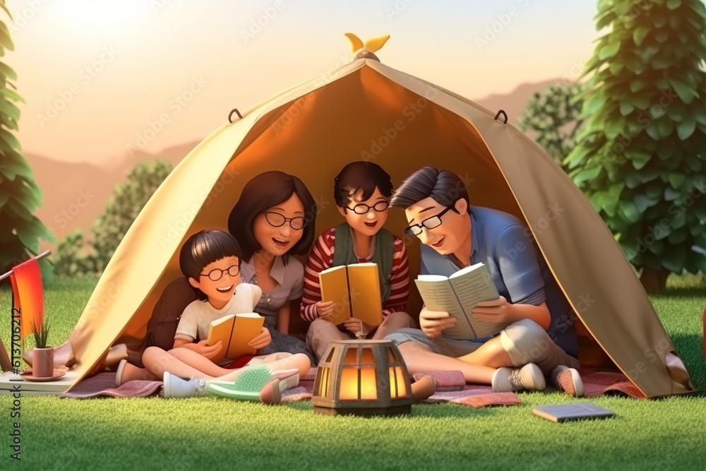 AI in the outdoor forest 3D family camping holiday scene