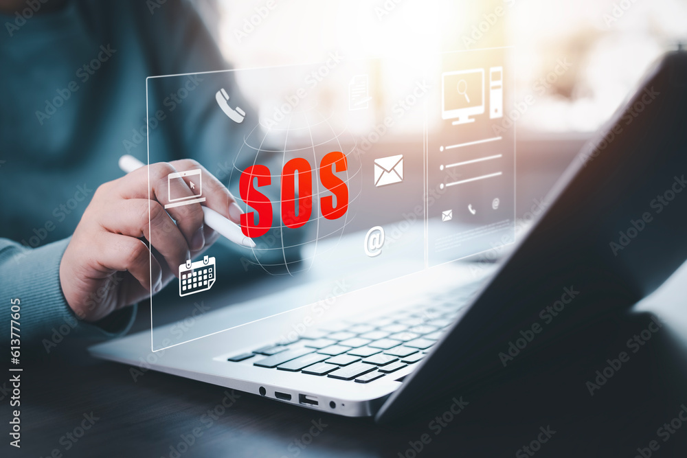 SOS with Emergency app concept, Business people using a laptop and touch bar Emergency app at home, 
