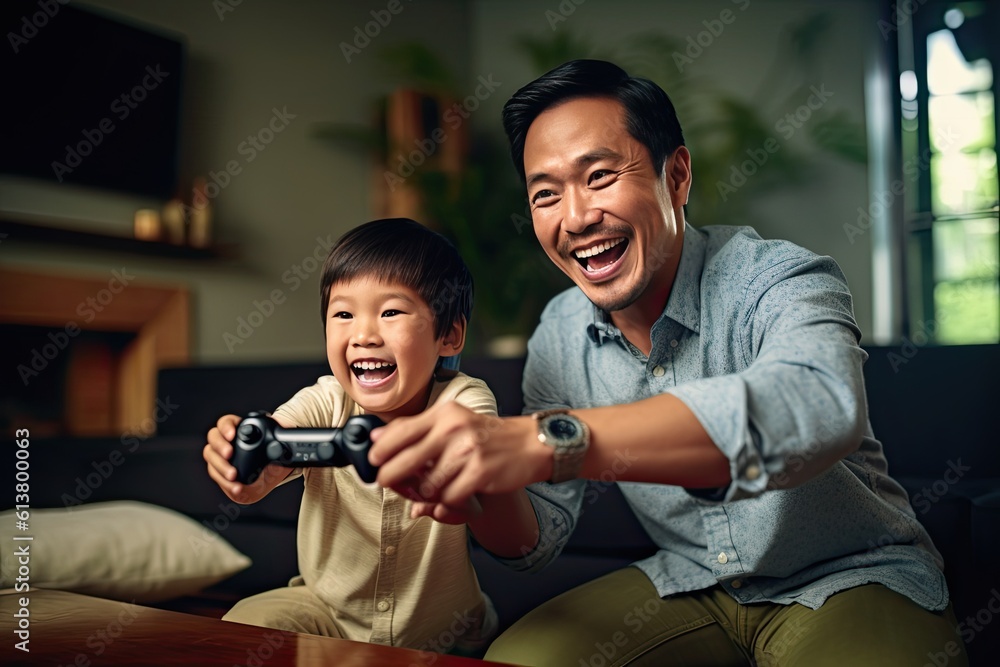 Asian father and son playing video games, sharing fun, love, and togetherness. Generative Ai