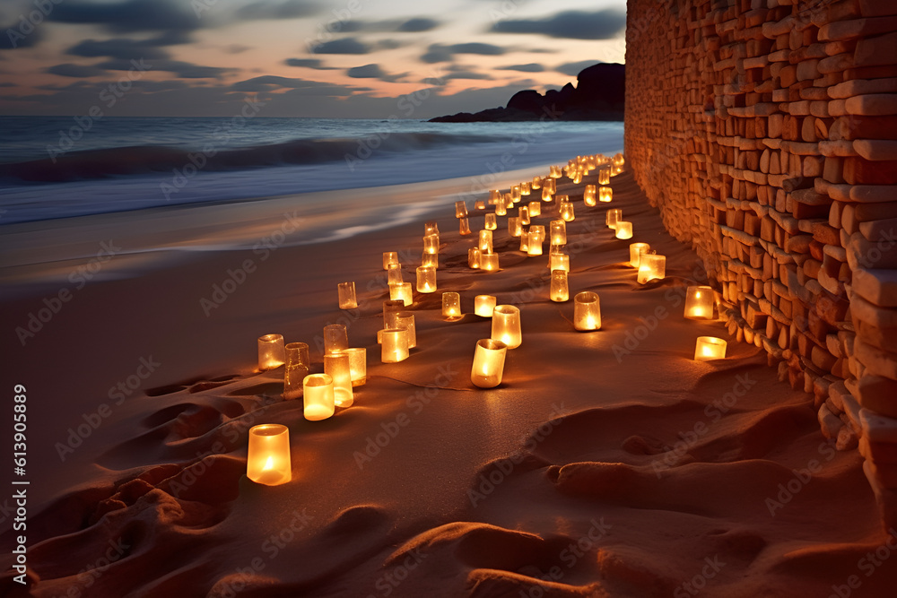 Candles in transparent lamps along a brick wall on a sea rocky coastline at sunset